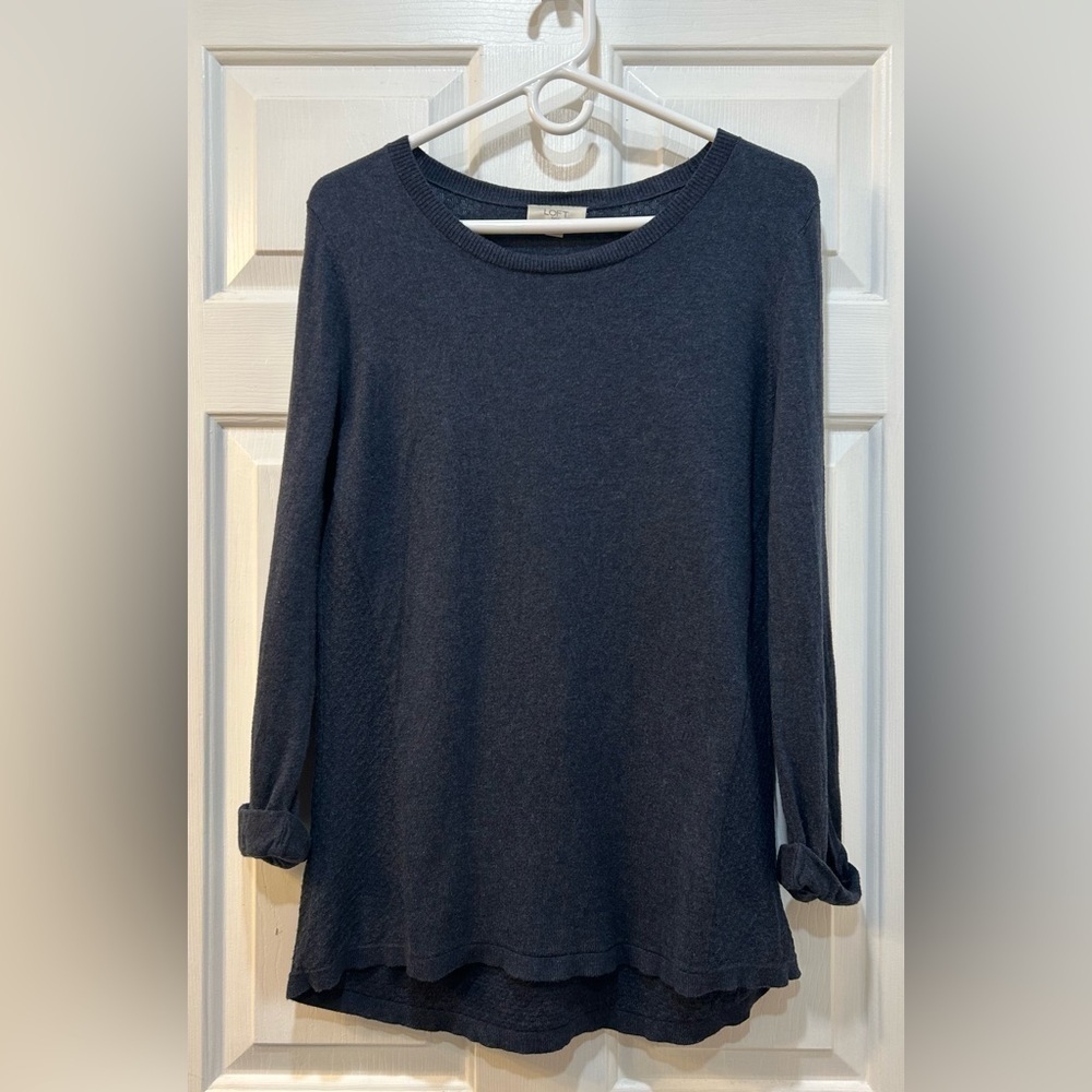 Loft Mixed Pattern‎ Navy Sweater Casual Long Sleeve Boat Neck Beachy Cozy Size M